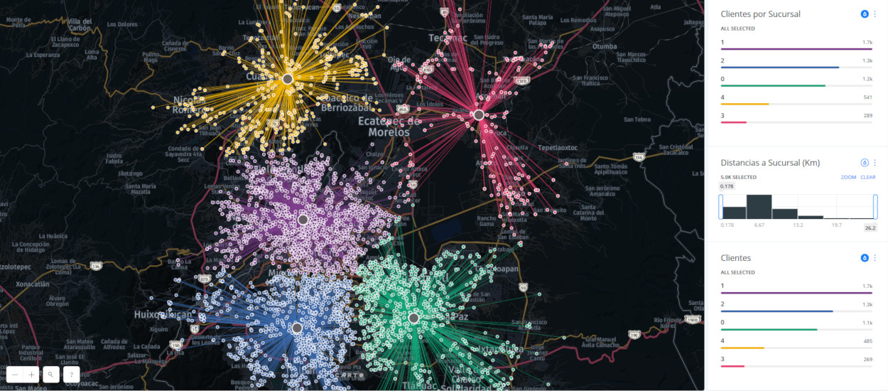 Mapa temático de distancias de sucursales a clientes - realizado con Carto